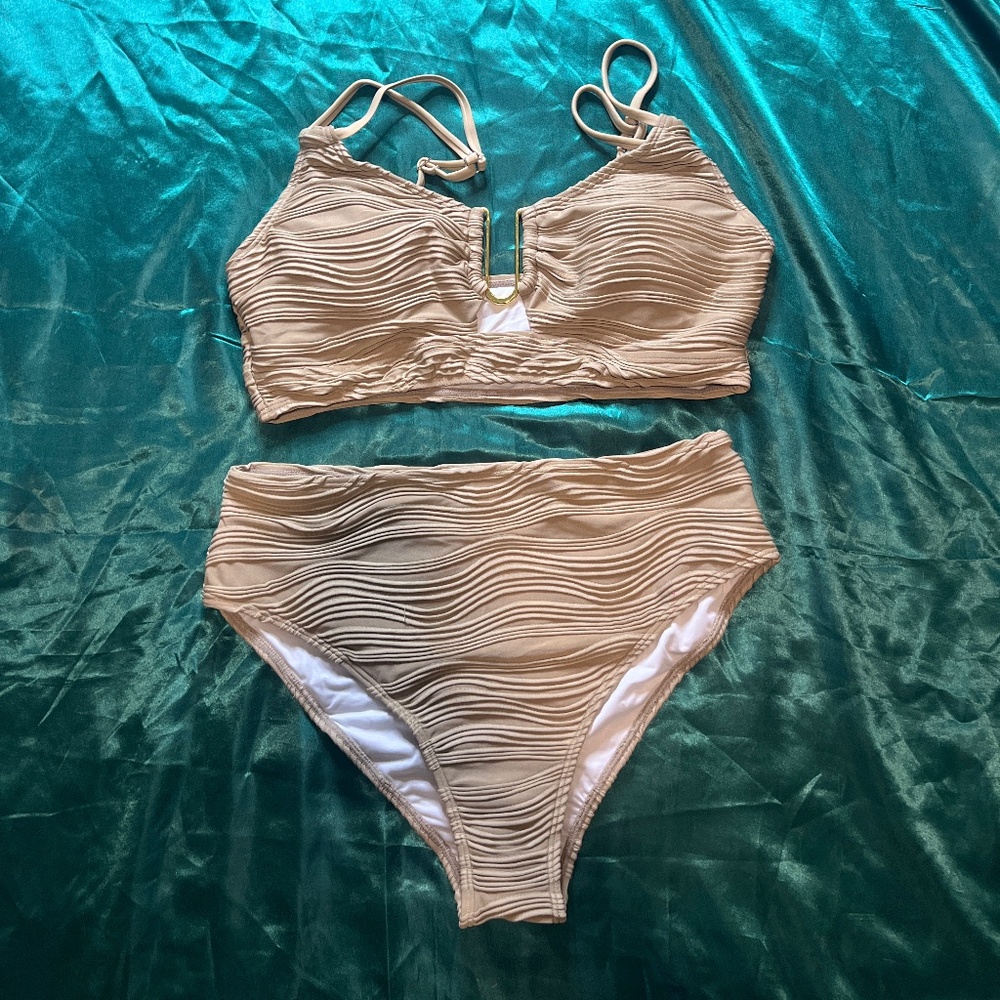 Sand Brown High Waisted Textured Bikini Swim Suit